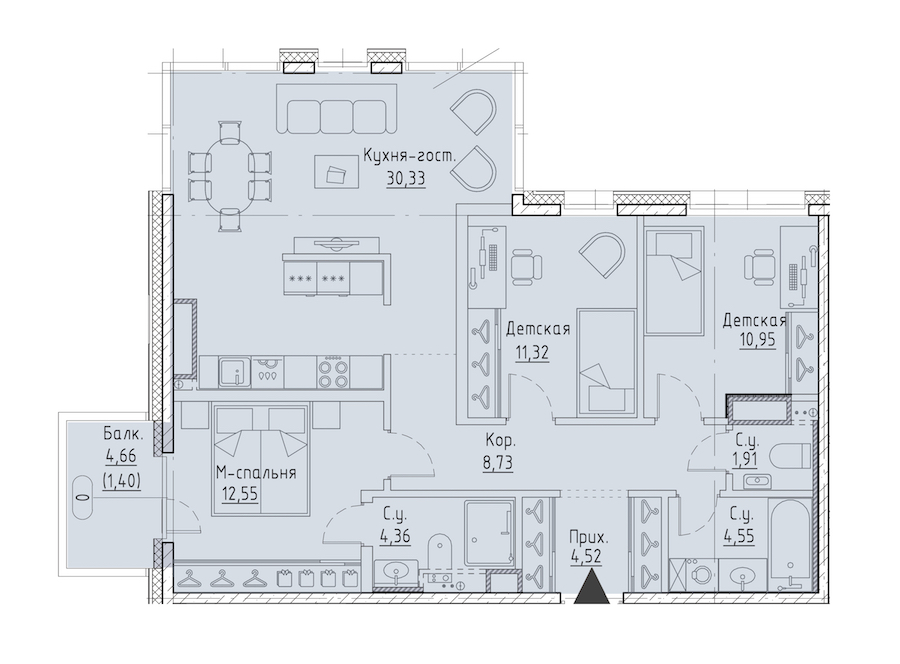 3-комнатная квартира 89.22 м², 7/9 эт., ЖК «LEGENDA Чёрная речка 41»
